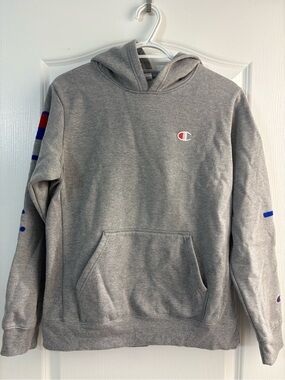 Champion Gray Hooded Pullover with Small Logo and Sleeve Accents